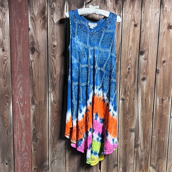 Jessica Taylor Vibrant Colorful Tie Dye Floral Embroidered 70’s Dress One Size - Picture 1 of 8